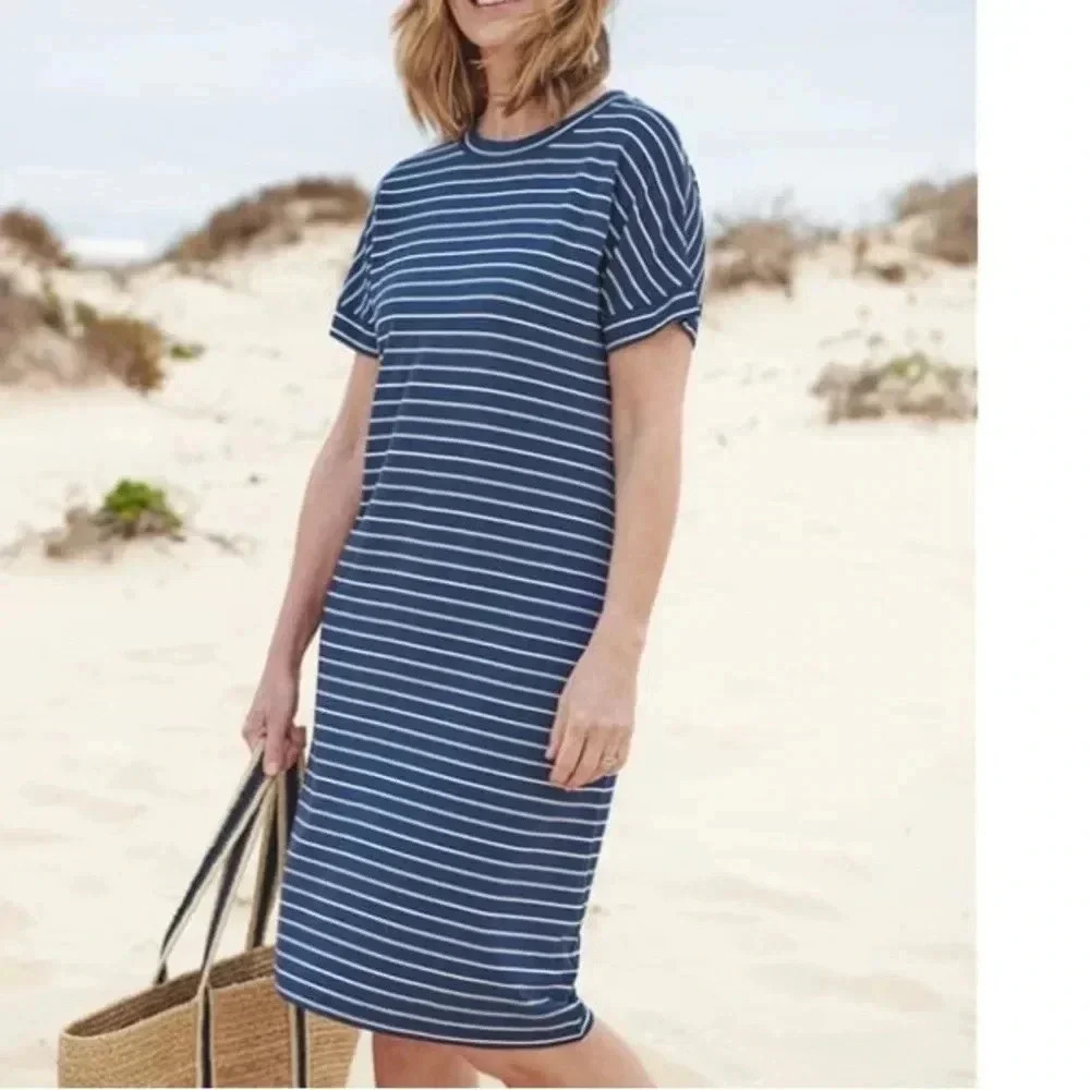 NWT WoolOvers  Bamboo Jersey T Shirt Dress Size Large Denim Blue Stripe Pockets